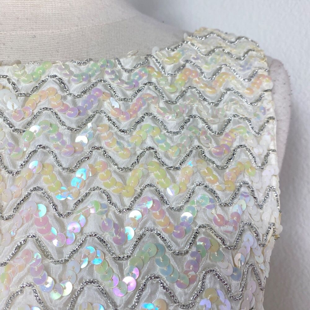 Vintage White Sequin Crop Cocktail Tank Top Medium Glam Evening Date Night - Picture 4 of 8